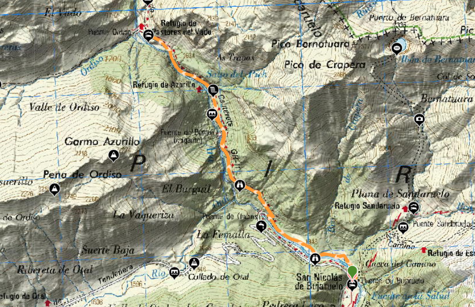 Mapa topográfico de la ruta a la Cabaña del Vado de Ordiso desde Bujaruelo con el recorrido señalado